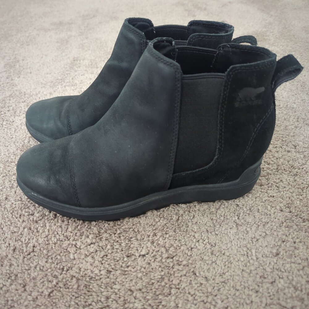 SOREL Womens 9 Evie II Chelsea Leather Suede Black Waterproof Wedge Ankle Boots